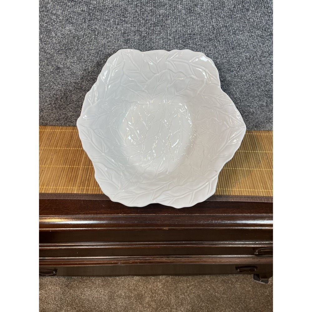 Holiday Home White Earthenware Leaf Embossed Serving Bowl Scalloped Rim 11.5"